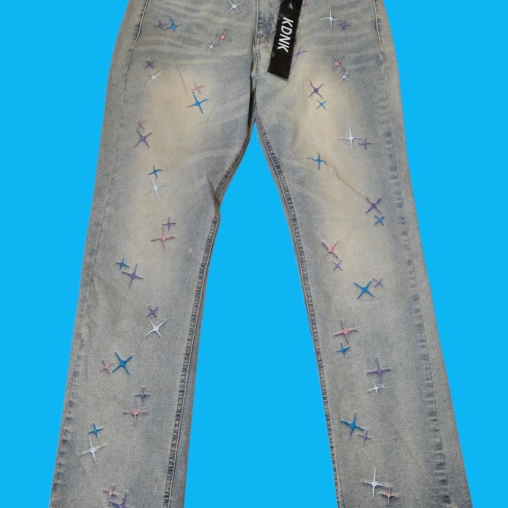 Embroidered Denim Jeans with Cross Stitch Design